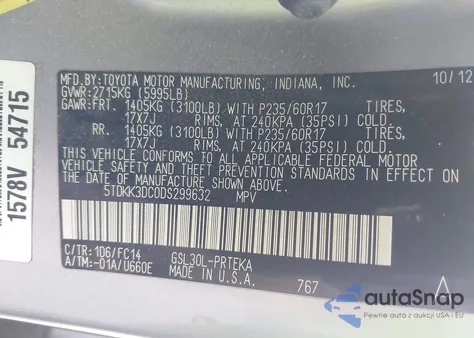 2013 Toyota Sienna Le V6 8 Passenger from USA, damaged, VIN 5TDKK3DC0DS299632